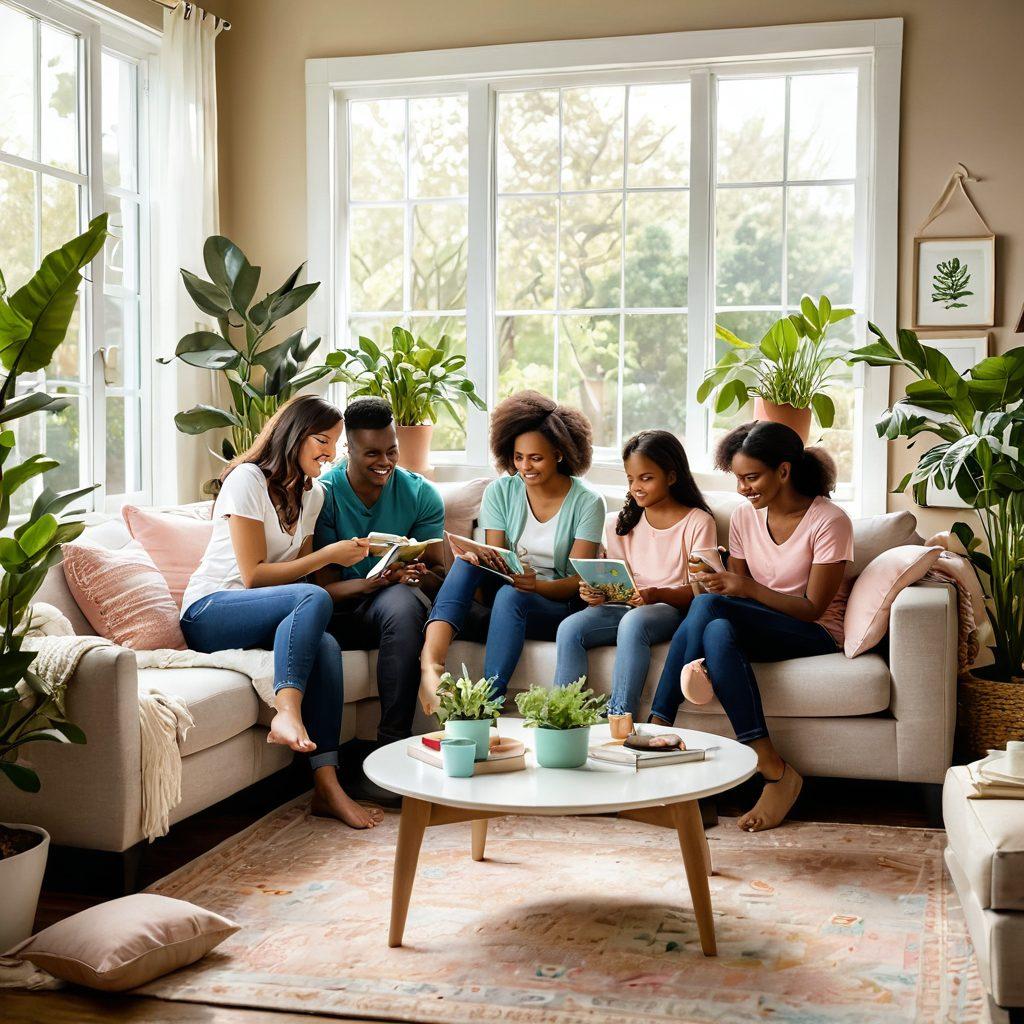 A warm and inviting family scene set in a cozy living room, showcasing diverse family members engaging in various activities like sharing stories, crafting, and playing games together. Soft sunlight filters through a window adorned with plants, creating a nurturing atmosphere filled with love and laughter. Include cozy cushions and a family photo collage on the wall to enhance the feeling of togetherness. pastel colors. super-realistic.