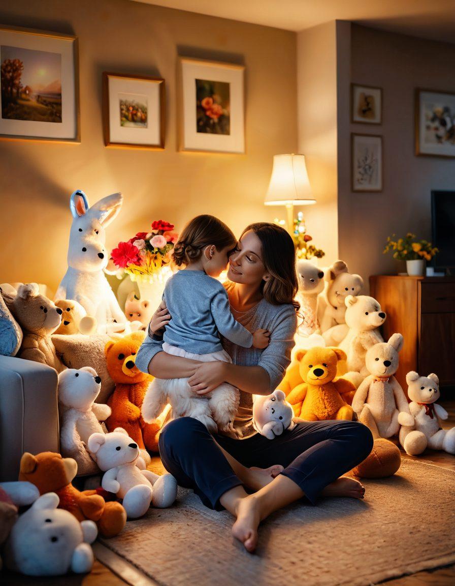 A warm scene of a compassionate parent embracing a child, surrounded by heartwarming symbols like soft toys, vibrant flowers, and glowing light notes. The background features a cozy living room filled with family pictures, emphasizing love and connection. The scene should evoke emotions of warmth, joy, and togetherness. super-realistic. vibrant colors. soft lighting.