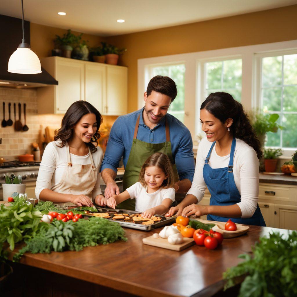 A warm, inviting family scene showcasing diverse family members engaging in nurturing activities, such as cooking together and playing games. Emphasize affectionate interactions, with soft lighting and lush greenery in the background, symbolizing growth and care. Include elements like handmade crafts and family photos to represent shared memories. Super-realistic. Warm colors. Soft focus.